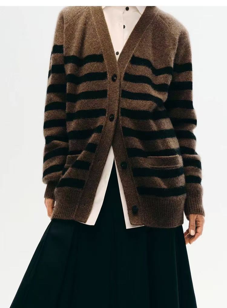 Womens Striped Wool Color-Block Knitted Cardigan Coat – Premium 0 | RICALOUX