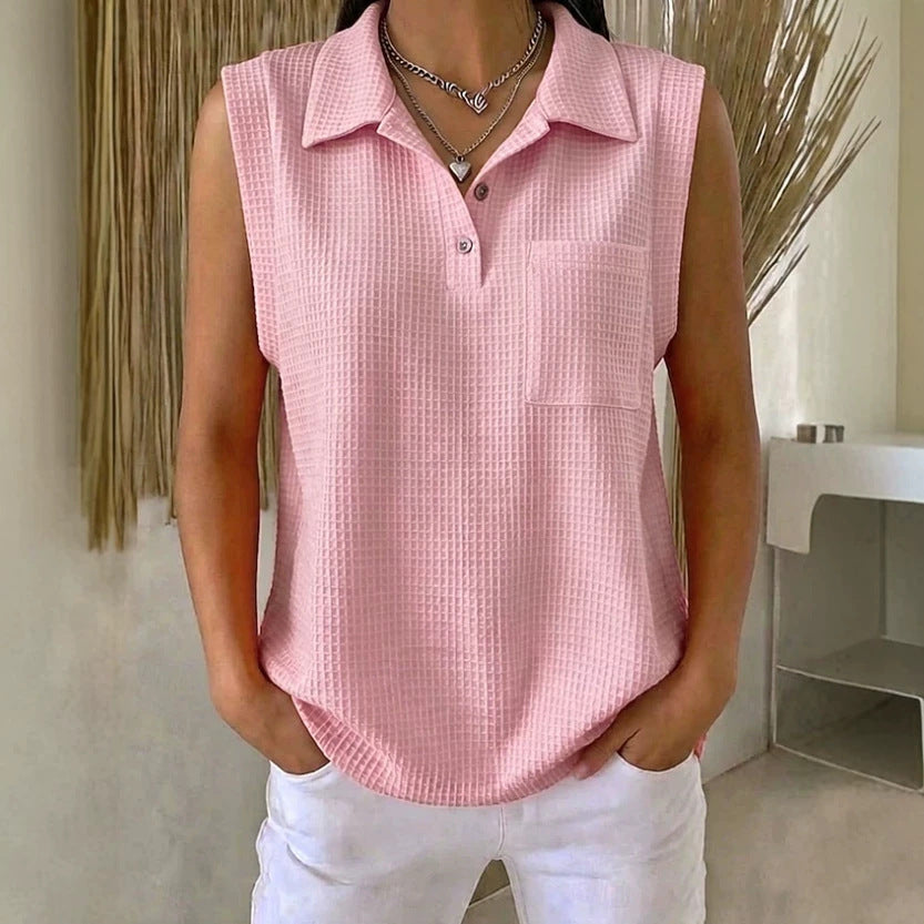 Womens Solid-color Knitted Polo-neck Sleeveless Shirt Vest – Premium 0 | RICALOUX