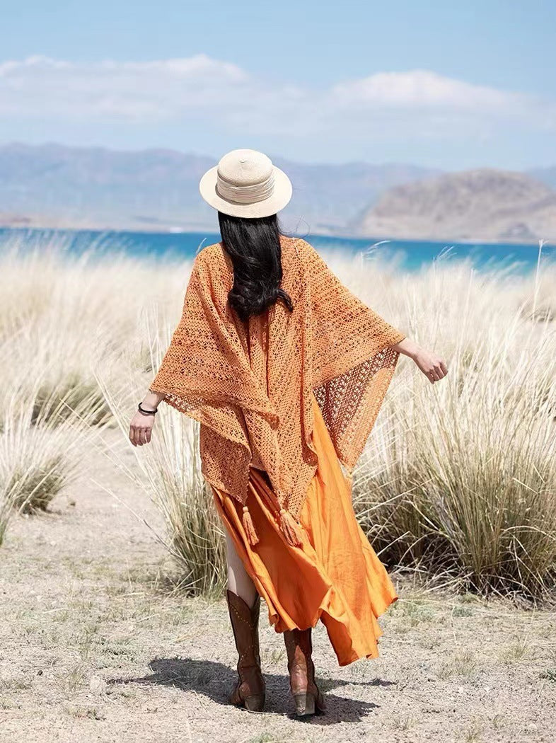 Womens Knitted Tassel-Trimmed Open-Front Cape For Photos – Premium 0 | RICALOUX