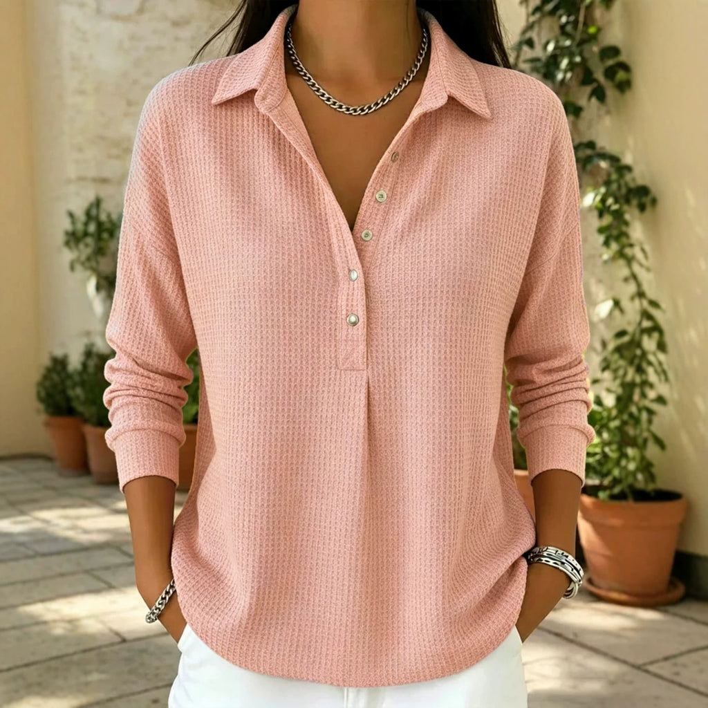 Waffle-weave Relaxed-fit Lapel Long-sleeve Solid-color Button-up Shirt by Ricaloux