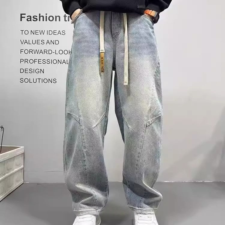 Patchwork Vintage Washed Loose Straight-leg Pants American-style Edgy And Cool Sabre-cut Trousers by Ricaloux