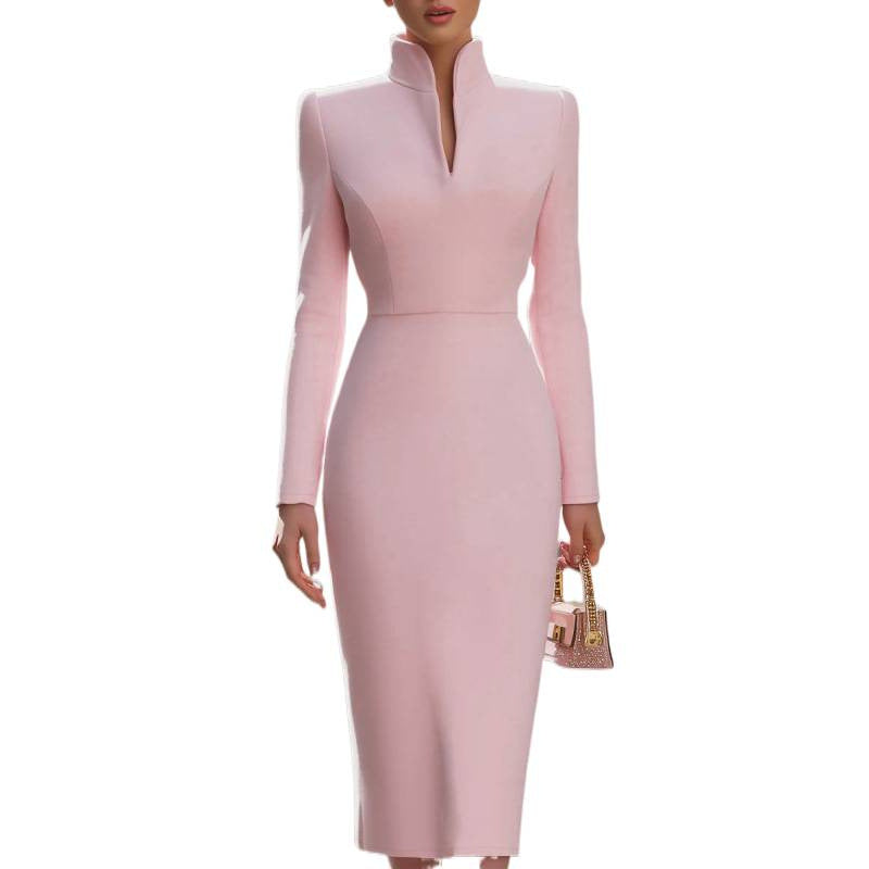 Elegant Solid Color Stand Collar Long Sleeve Dress – Premium 0 | RICALOUX