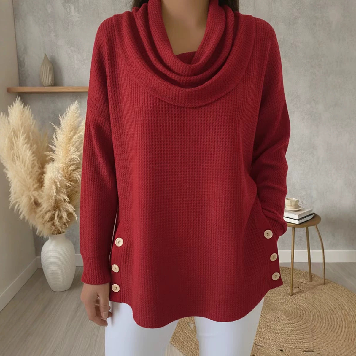 Solid-color Turtleneck Pullover Long-sleeve Womens Top With Buttons by Ricaloux