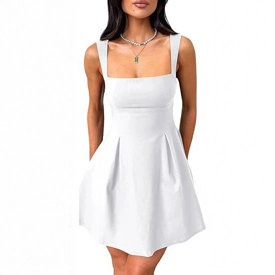 Womens Sleeveless Square-Neck Mini Dress With Adjustable Straps And Bow Tie by Ricaloux