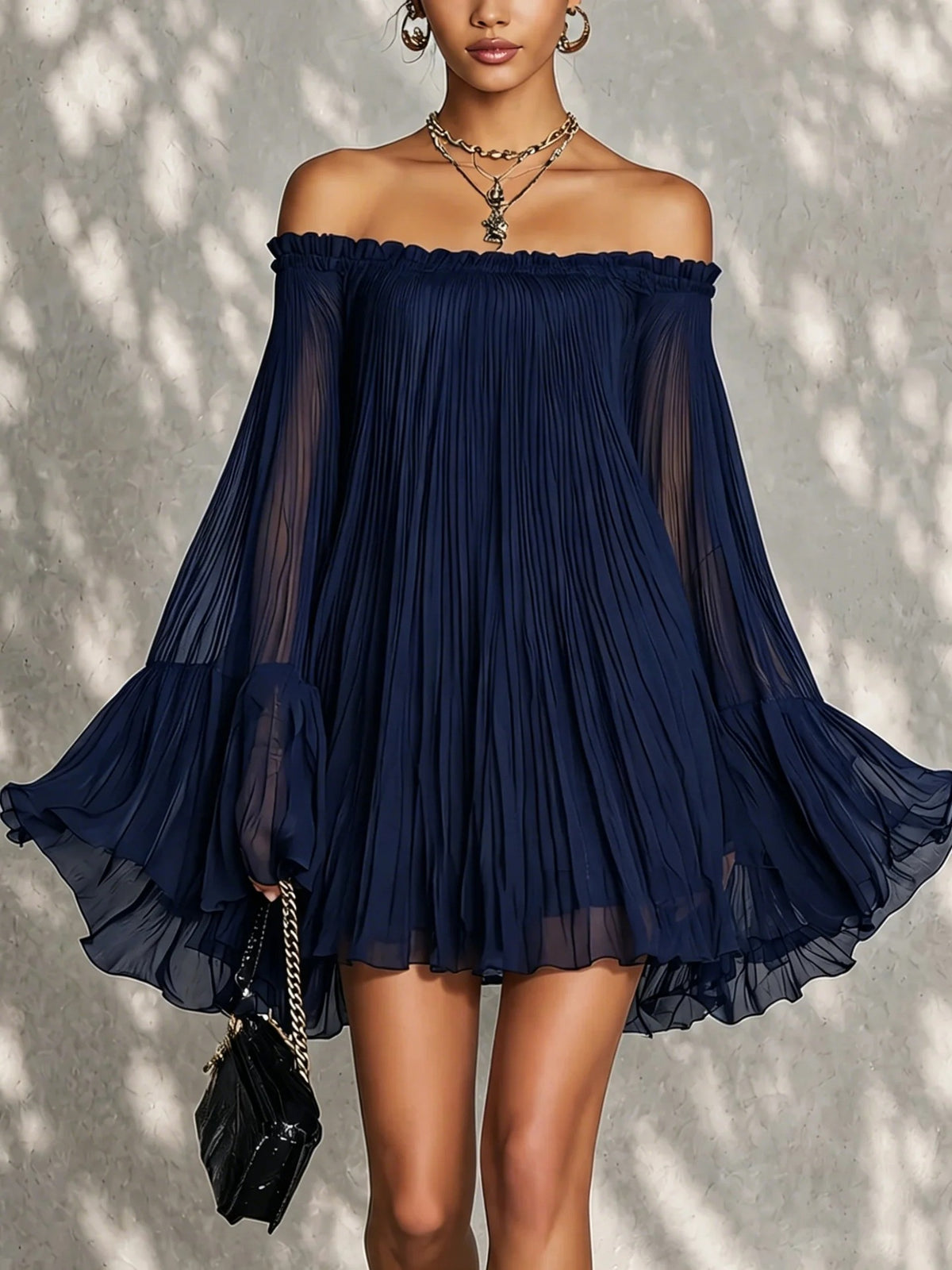 Lotus-Leaf Flared Long-Sleeve Sheer Dress by Ricaloux