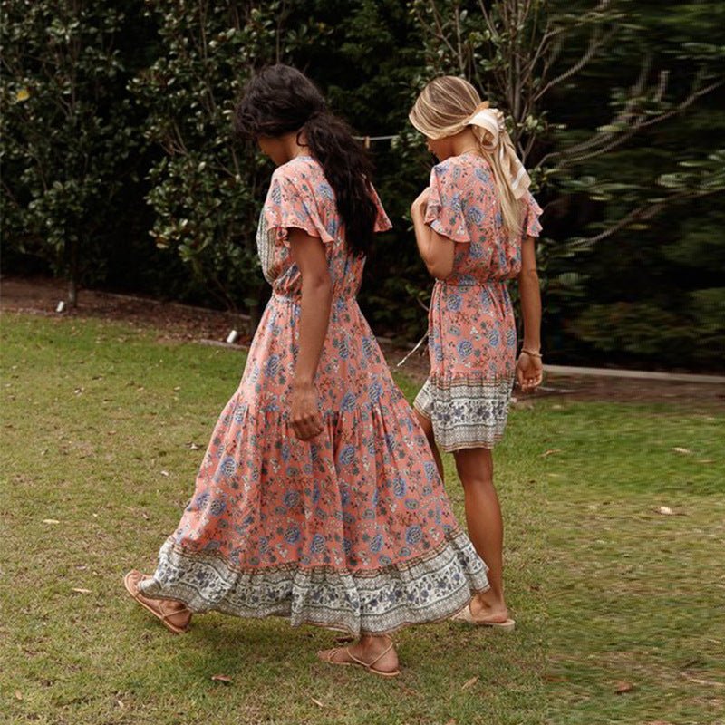 V-neck Short Sleeve Bohemian Dress - RICALOUX
