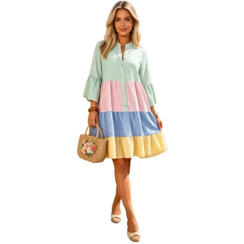 Color-block Plaid Patchwork Shirt Dress Loose-fitting With Flared Sleeves And A Tiered Cake Skirt – Premium 0 | RICALOUX