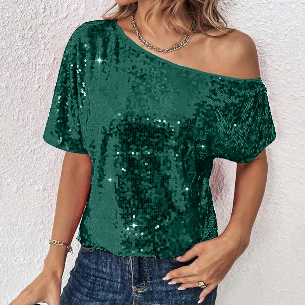 Womens Casual Solid-Color Loose Off-Shoulder Sequin T-Shirt by Ricaloux