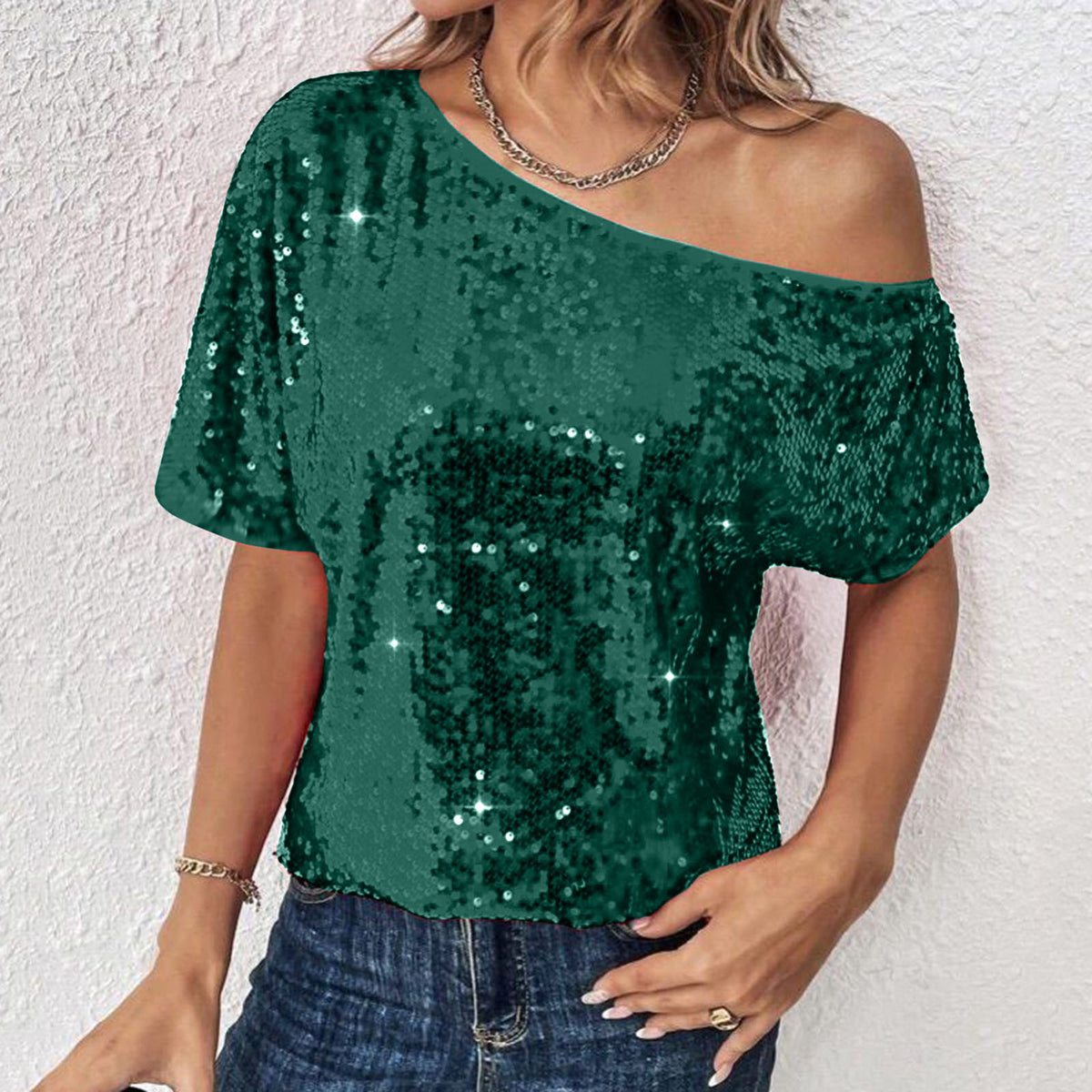 Womens Casual Solid-Color Loose Off-Shoulder Sequin T-Shirt by Ricaloux