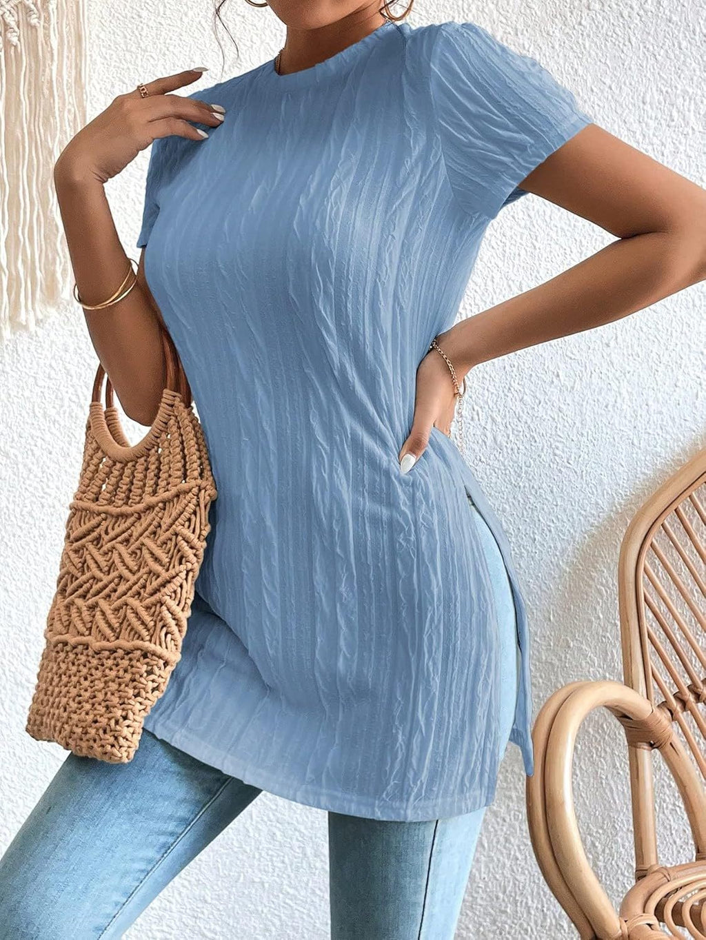 Women's Textured Short Sleeve Side Slit Tunic Top - Casual Loose Fit Longline Blouse by Ricaloux