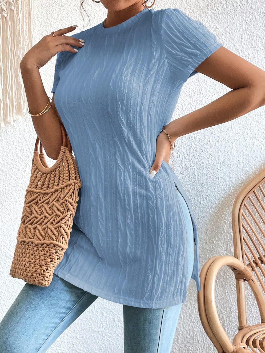 Women's Textured Short Sleeve Side Slit Tunic Top - Casual Loose Fit Longline Blouse by Ricaloux