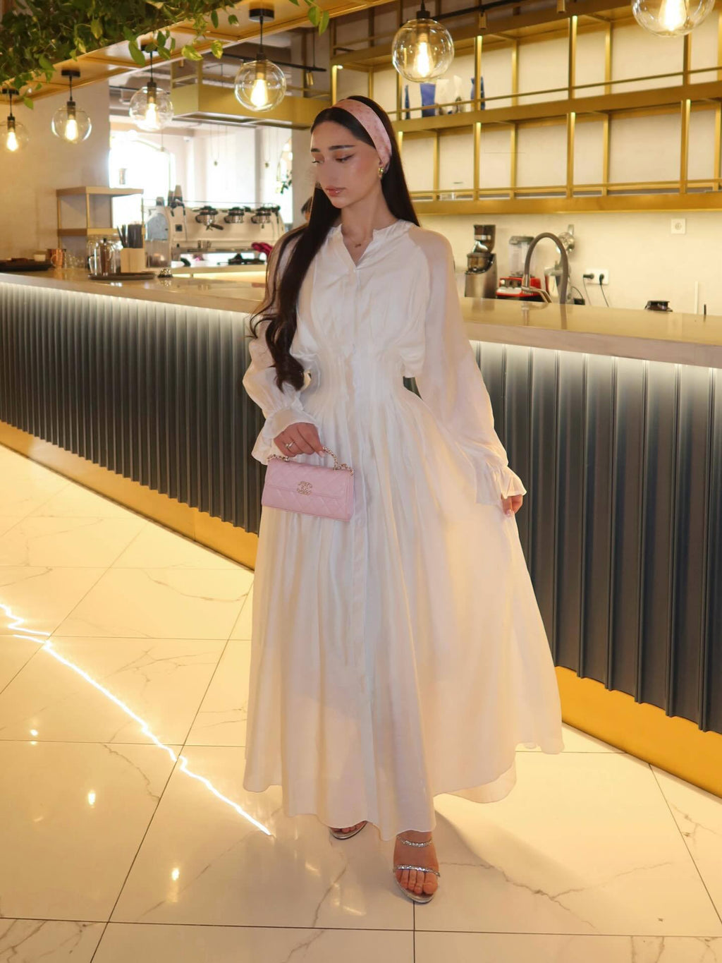 Puff Long Sleeve Gathered Waist Button Front Flowy Dress by Ricaloux