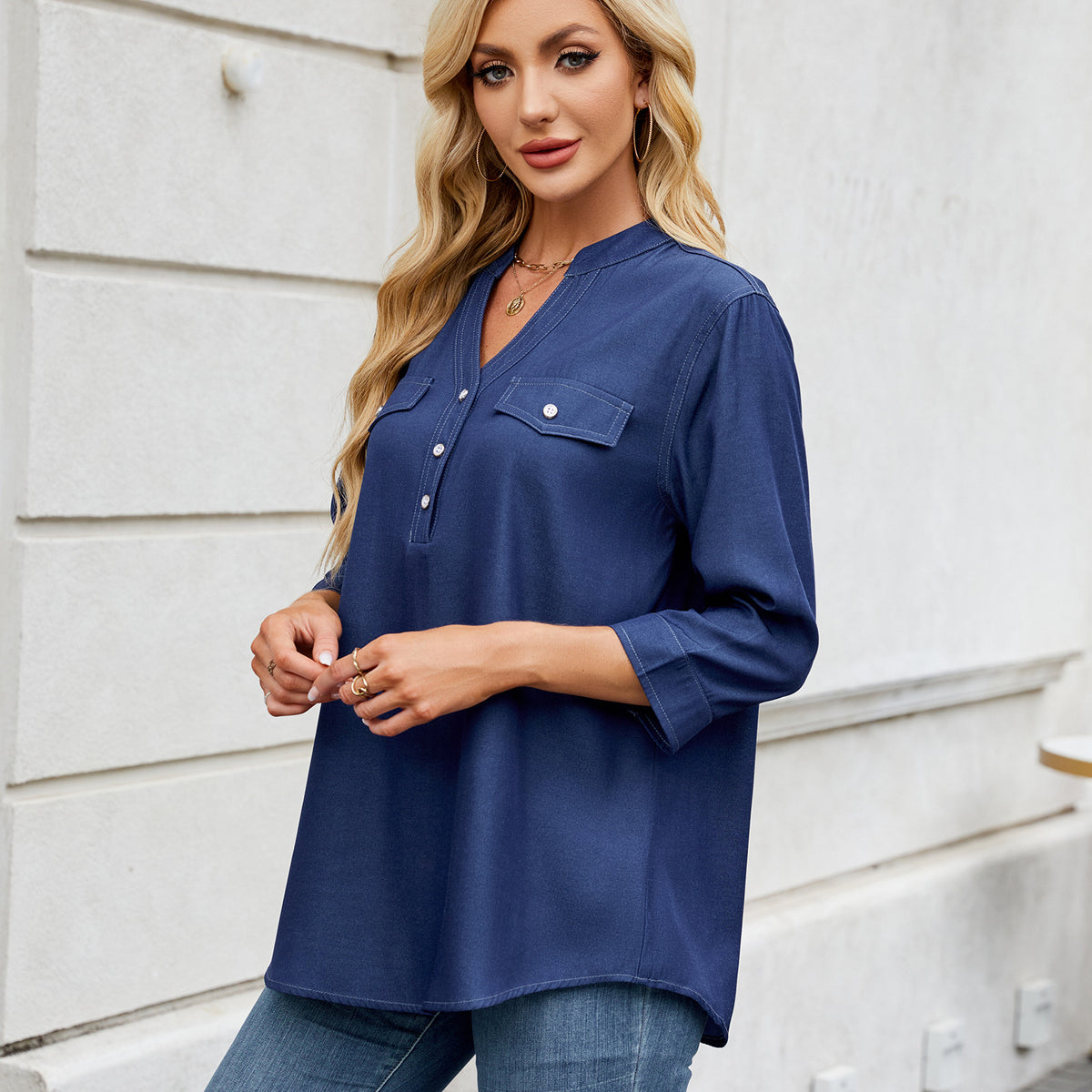 Casual Loose-fit Faux Denim Long Shirt by Ricaloux