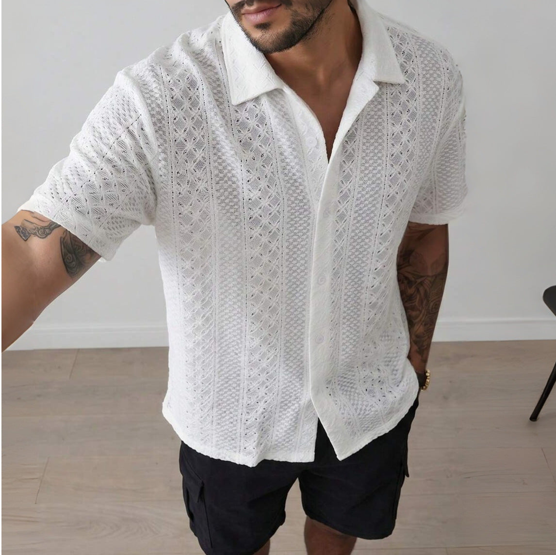 Old Money Style Cuban Collar Hollow Out Knitted Short Sleeve Shirt by Ricaloux