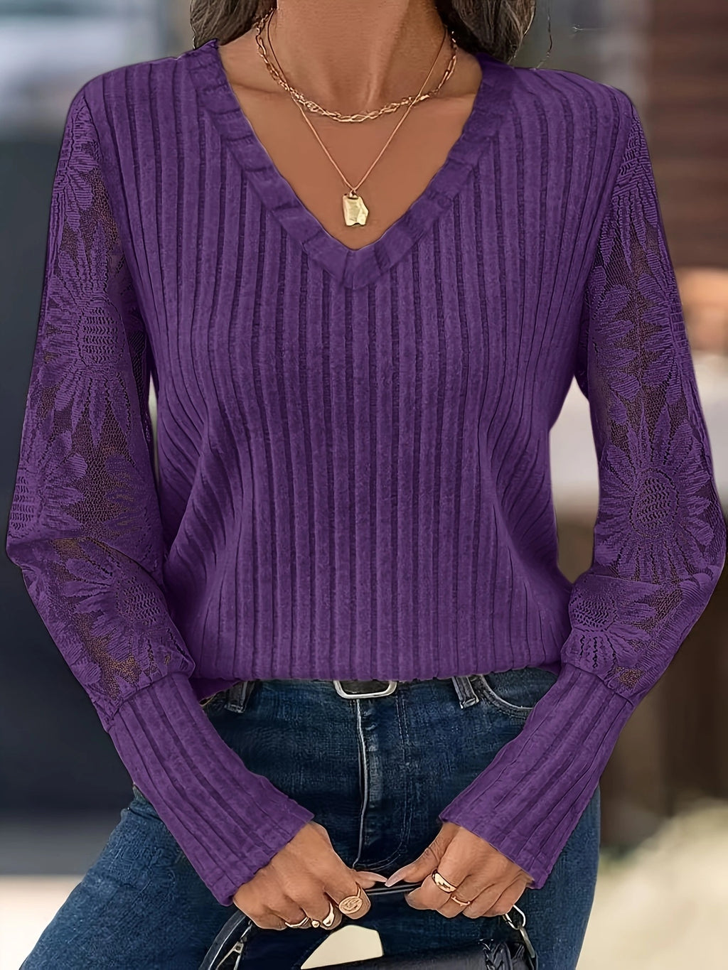 Knitted Patchwork Lace Long-sleeved Top by Ricaloux