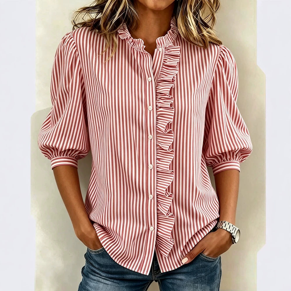 Puff-sleeved Button-up Summer Ruffled-edge Striped Loose-fit Blouse For Women by Ricaloux
