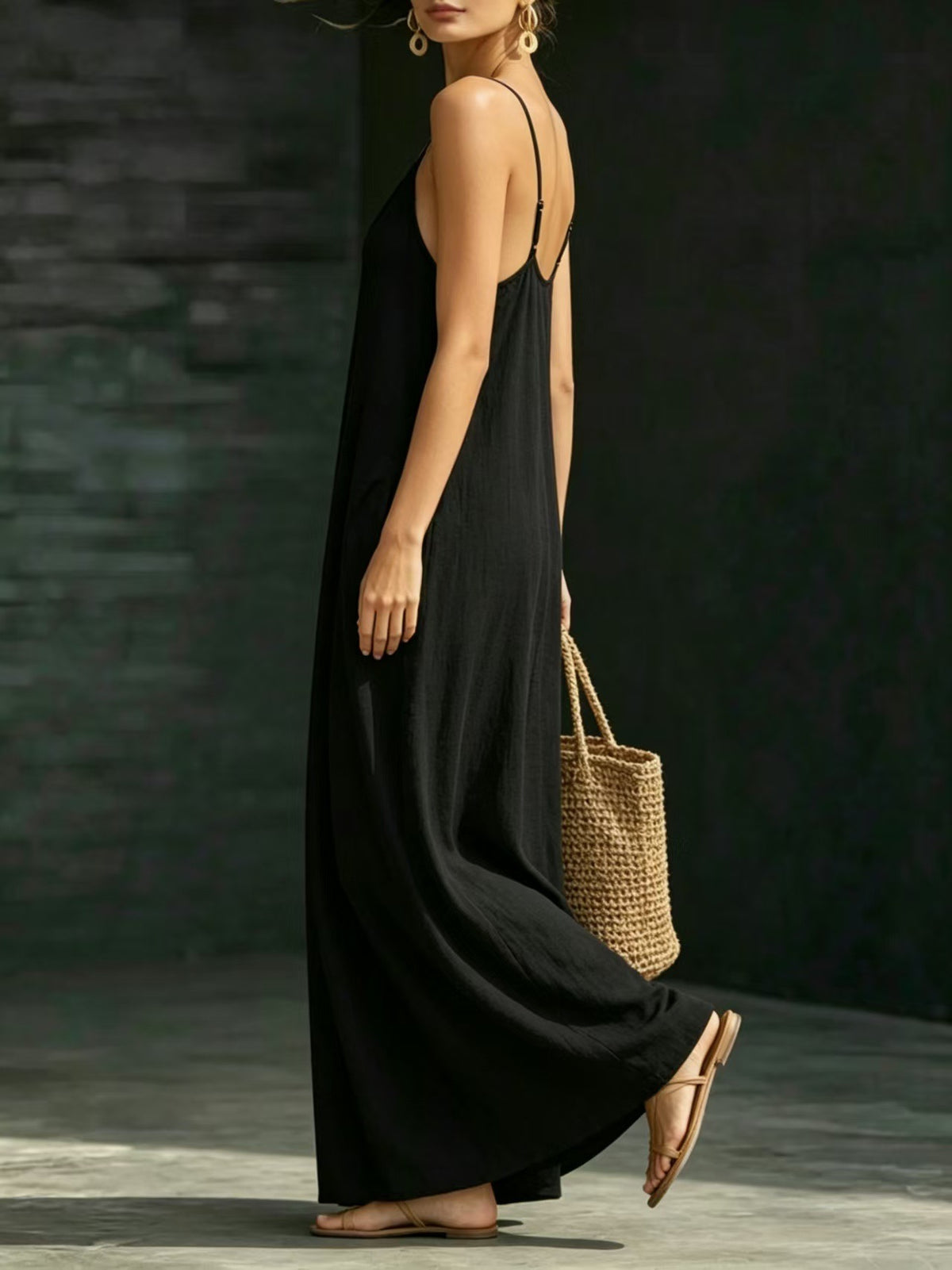 Summer V-Neck Spaghetti Strap Flowy Maxi Dress - Casual Fashion Solid Color Long Dress For Women Vaction Dress – Premium 4 | RICALOUX