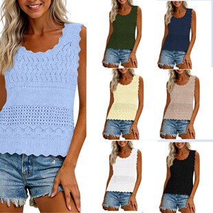 Women's Spring And Summer Cutout Knit Vest With Waves Ruffles Round Neck Breathable Outerwear And Innerwear Solid Color Sweater Innerwear – Premium 4 | RICALOUX