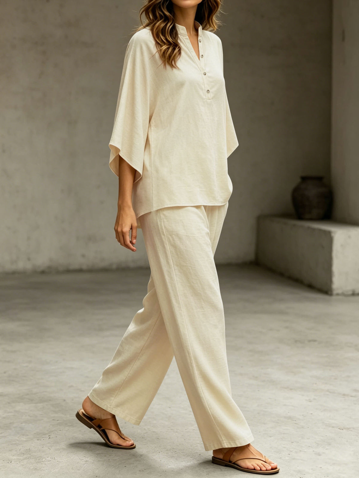 Women's Two Piece Outfit Stand Collar Half Button Batwing Sleeve Top & Wide Leg Pants Set Casual Blend Loose Tracksuit For Summer by Ricaloux