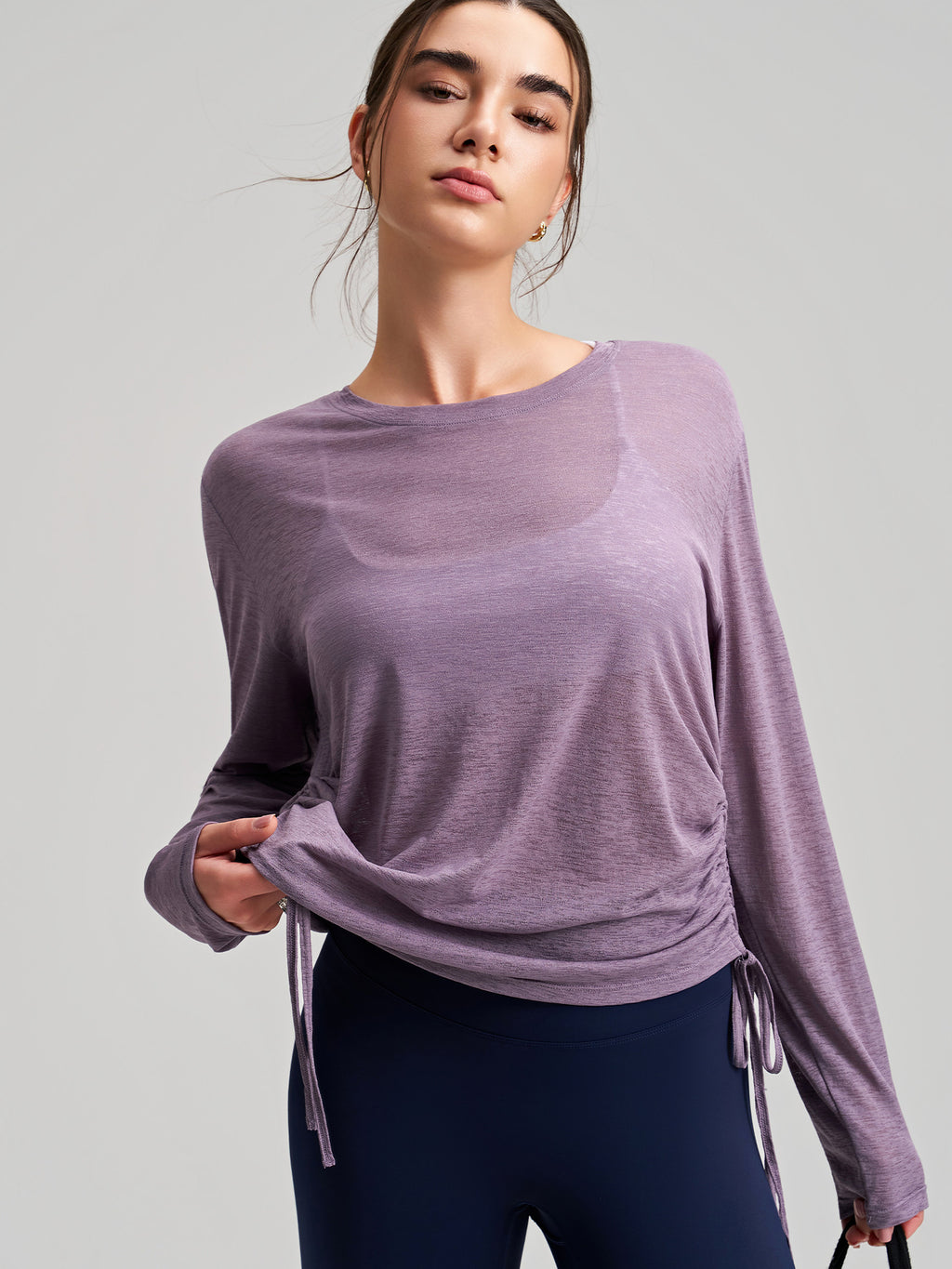 New Outerwear Crew Neck Yoga Cover-up Long-Sleeve Hip-Covering Side Drawstring T-Shirt, Loose Breathable Workout Running Yoga Top – Premium 4 | RICALOUX