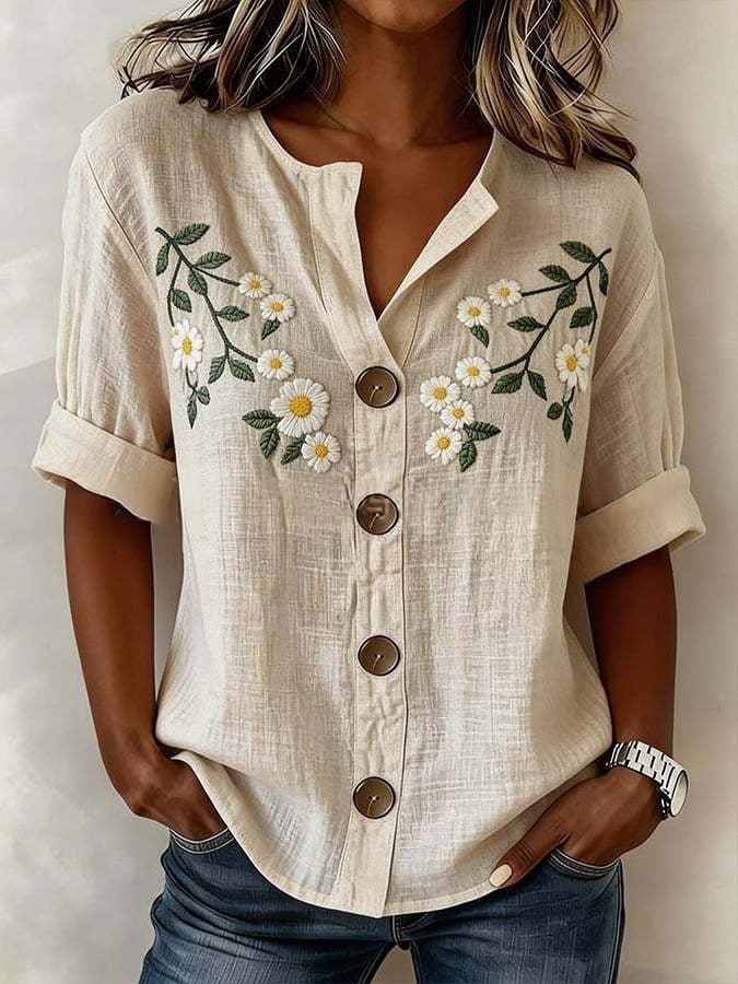 Lantern-sleeve Printed Button-up Womens Blouse by Ricaloux