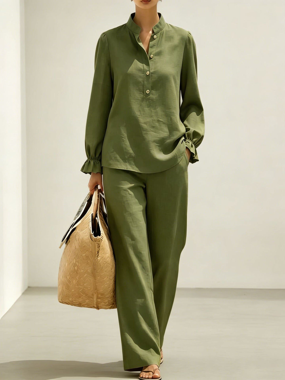New Womens Mandarin-collar Ruffled Puff-sleeve Wide-leg Long-pants Set – Premium 0 | RICALOUX