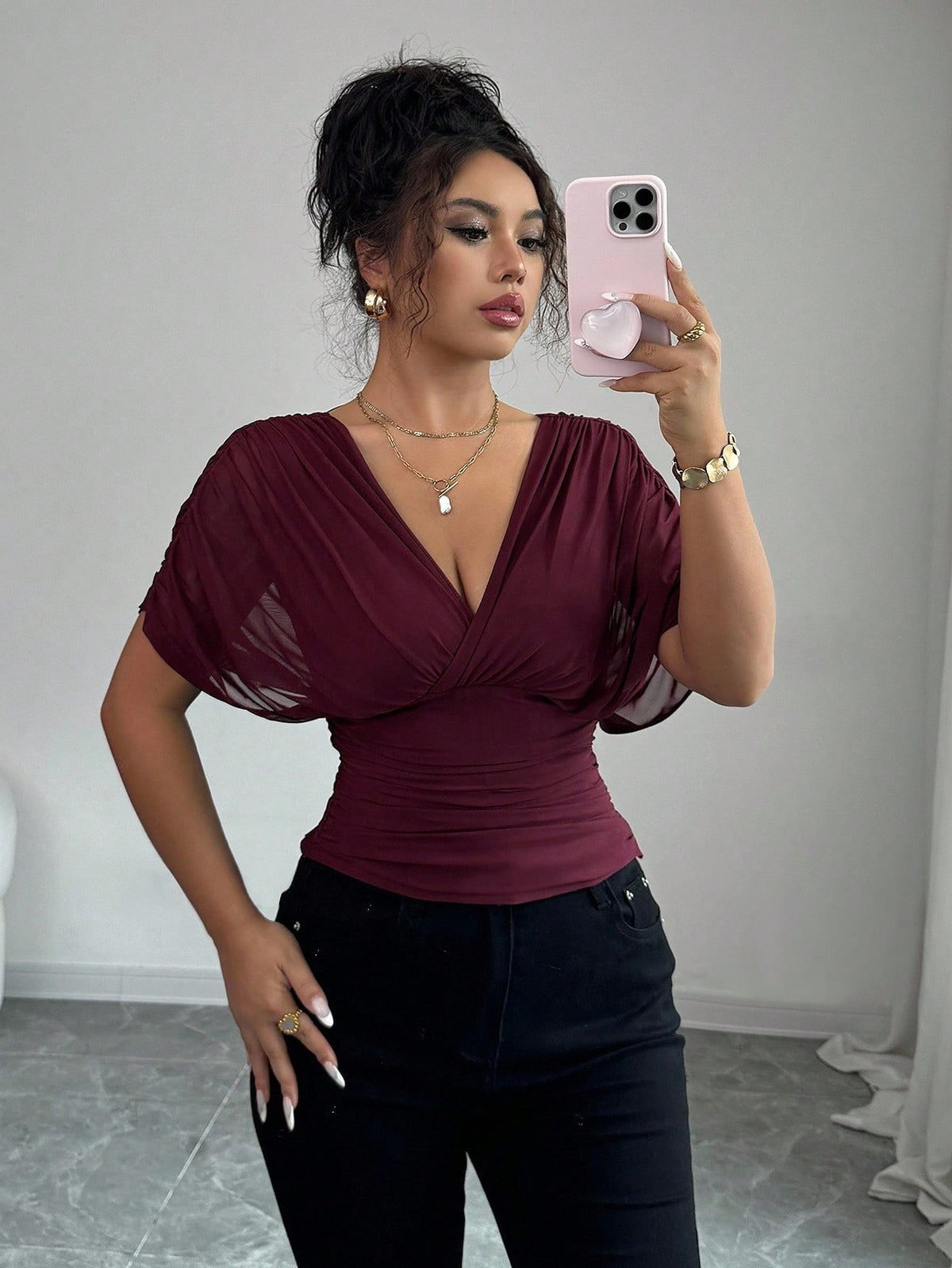 Deep V-neck Small Flying Sleeve Waist Ladies' Top by Ricaloux