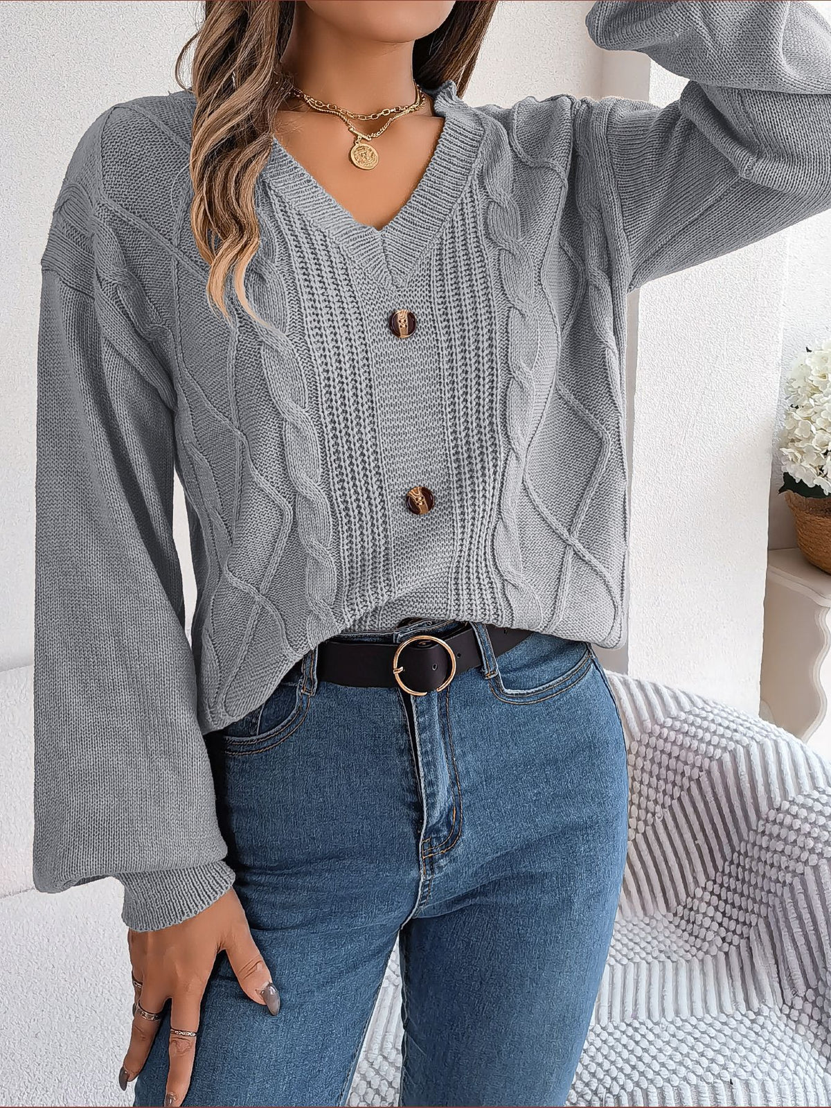 Solid-color V-neck Buttoned Cable-knit Puff-sleeve Pullover Sweater by Ricaloux