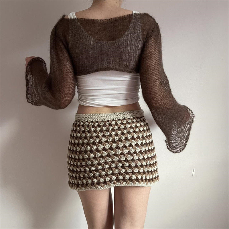 Lantern-sleeve Loose Round-neck Hollow-out Knit Sweater by Ricaloux