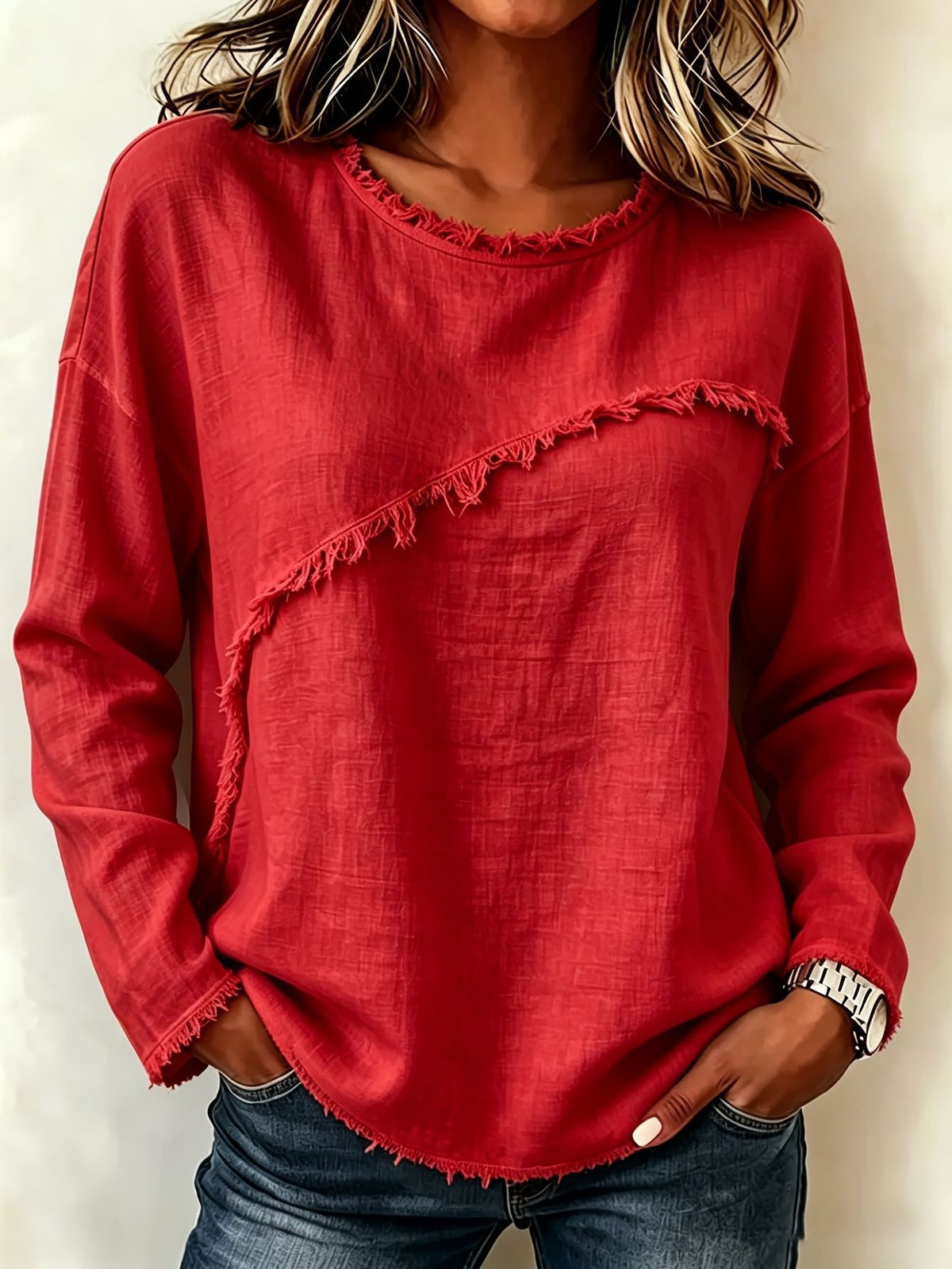 Round-neck Patchwork Lace Long-sleeve T-shirt Casual Top by Ricaloux