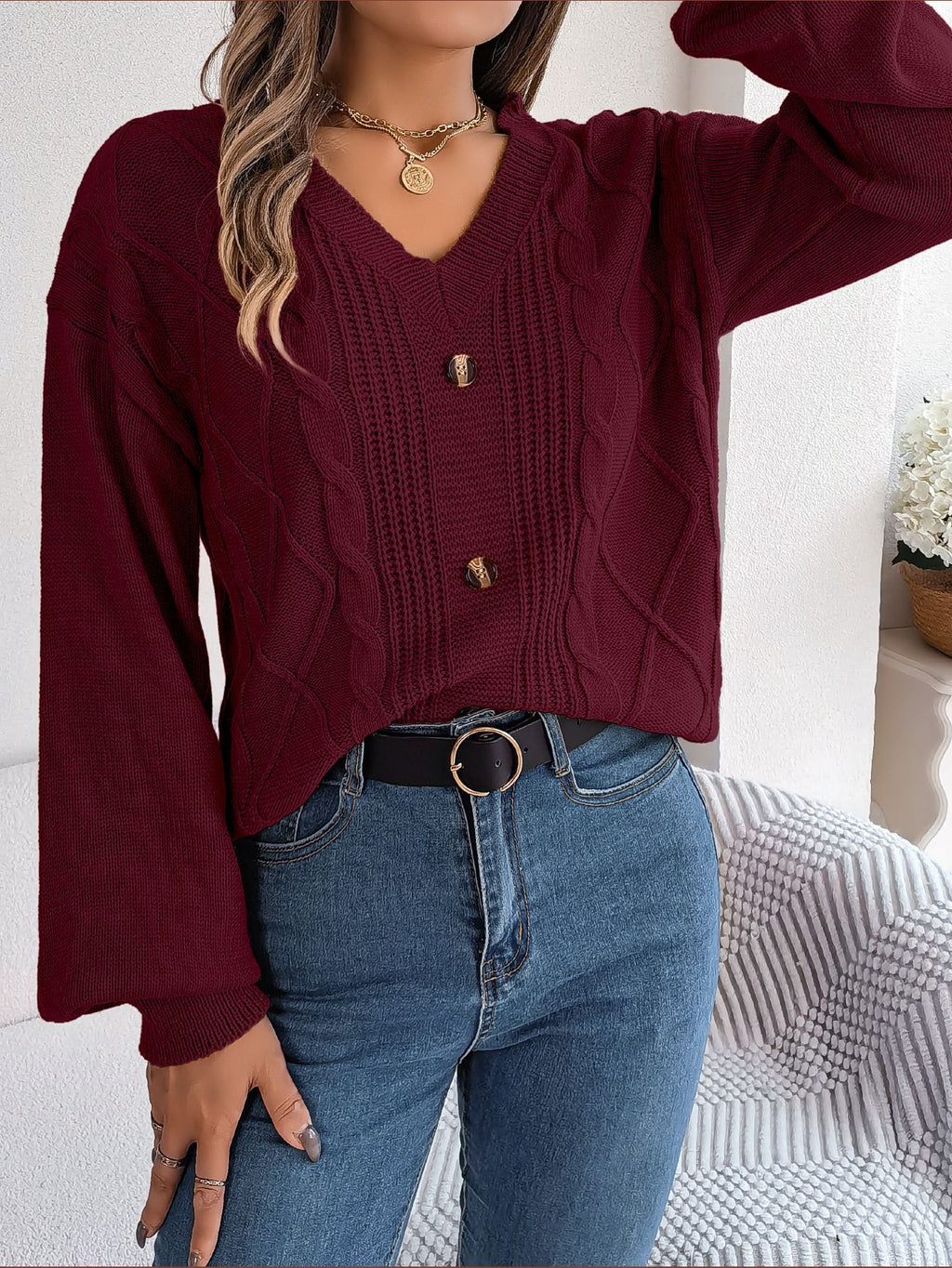 Solid-color V-neck Buttoned Cable-knit Puff-sleeve Pullover Sweater by Ricaloux