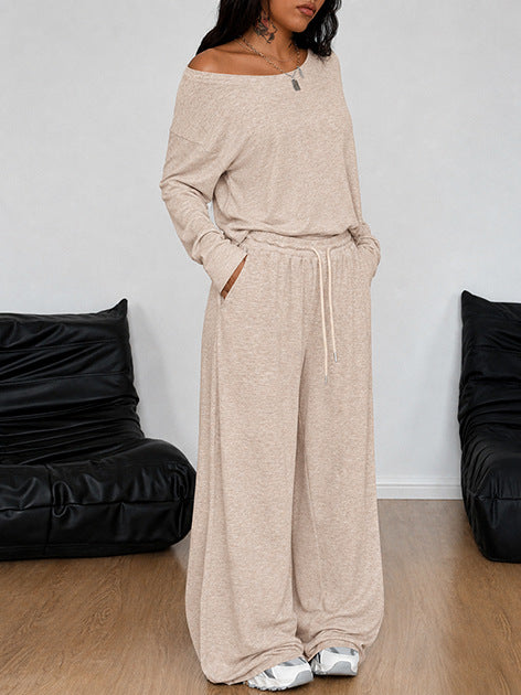Womens Casual Loose-Fit Off-Shoulder Wide-Leg Pants Set by Ricaloux