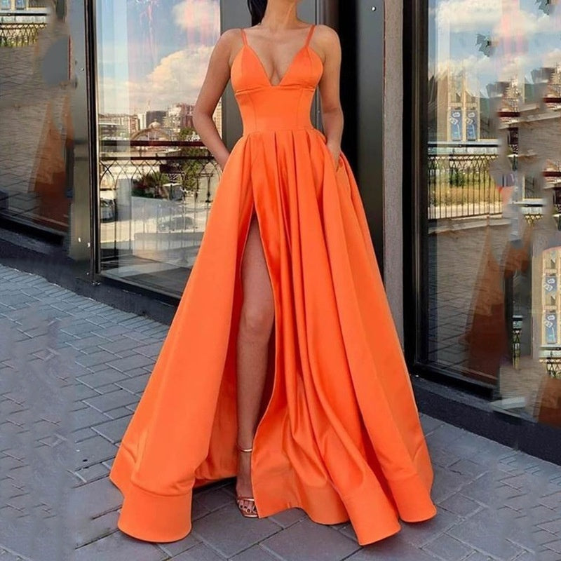 Slimming Color Slip Dress With A Trailing Satin Evening Gown For Banquets by Ricaloux