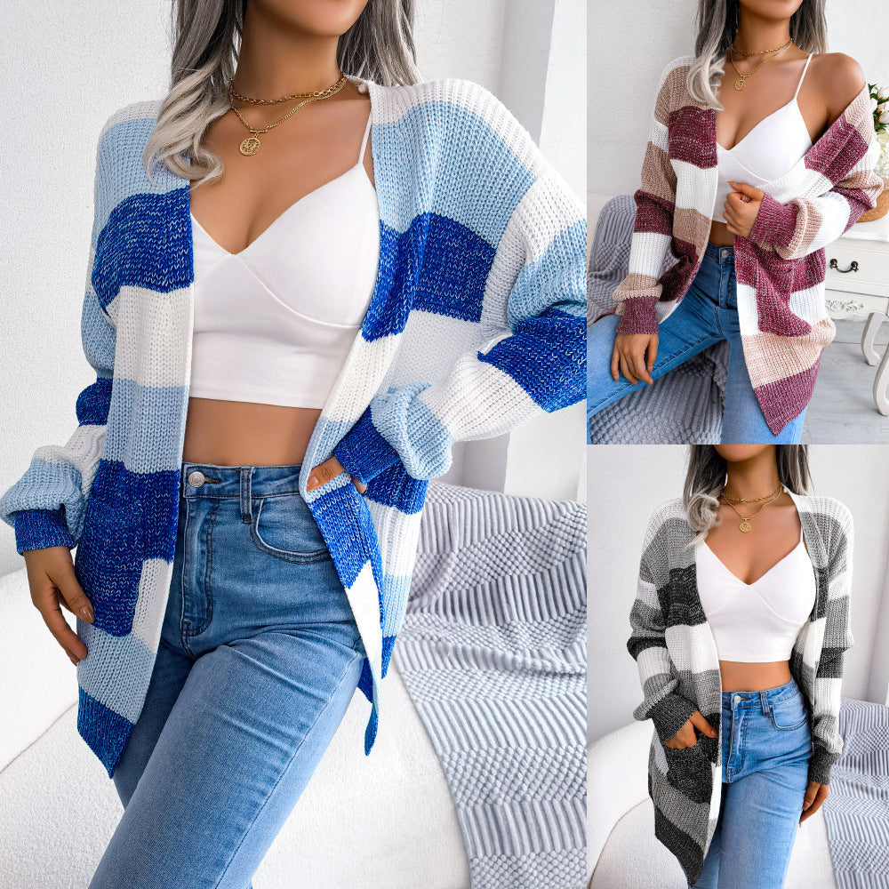 Striped Lantern-Sleeve Casual Cardigan Sweater Coat by Ricaloux