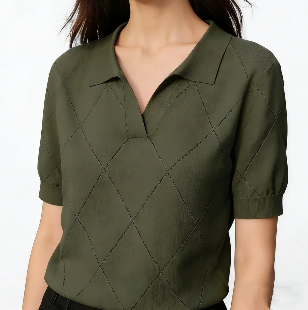 Women's Lightweight Summer Knitwear, Flared Collar Polo-Neck Short Sleeve Military Green Waist-Cinching Slim Fit Office-Ready Versatile Top by Ricaloux