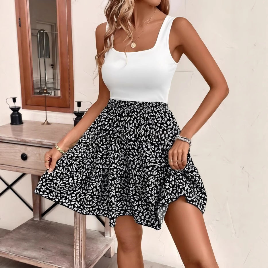 Floral-print A-line Dress With A Floral Pattern And A Vest Design by Ricaloux