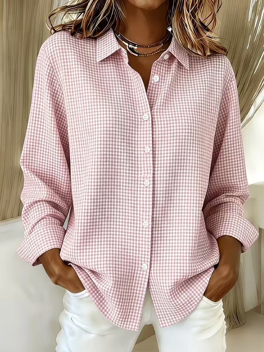 Versatile Lapel-collar Long-sleeve Plaid Shirt by Ricaloux