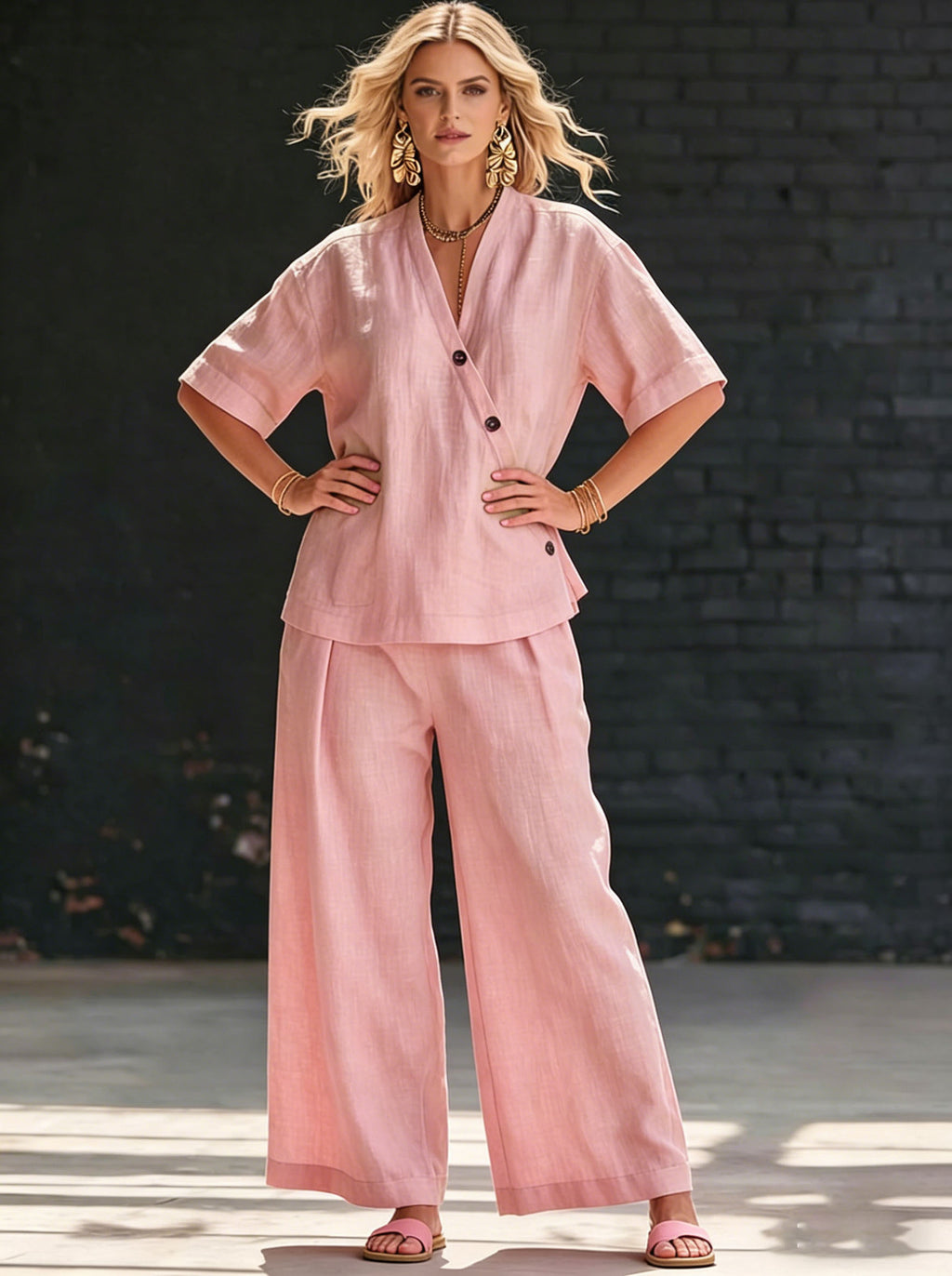 Womens V-neck Short-sleeve T-shirt And High-waisted Trousers Set by Ricaloux