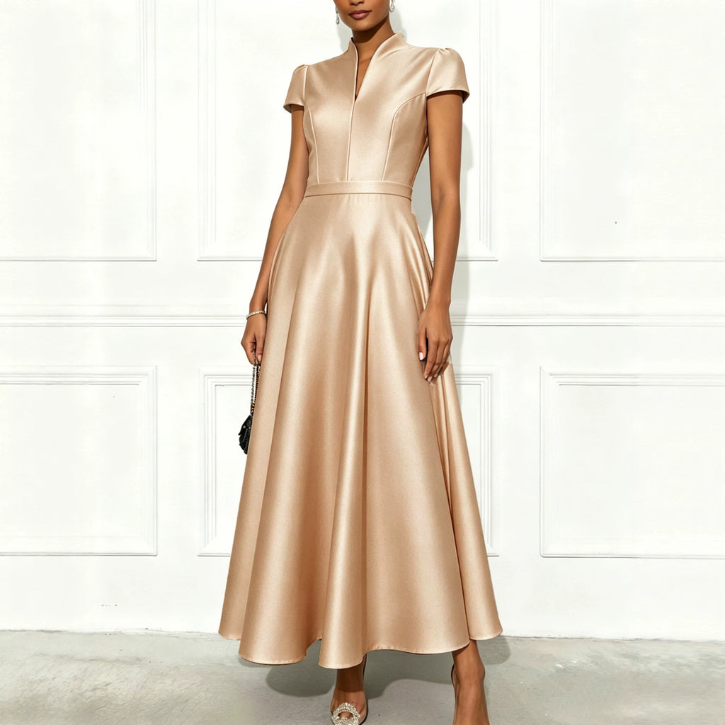 Solid-color Knitted Satin Short-sleeve Waist-cinching Swing Dress – Premium 0 | RICALOUX
