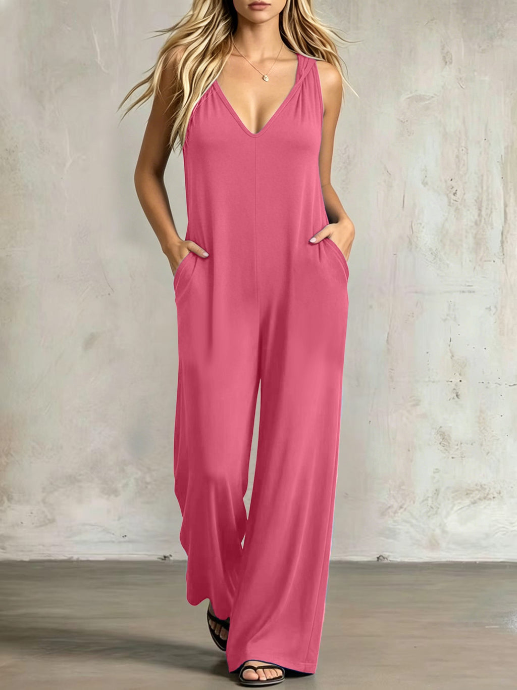 Simple V-neck Pocket Solid-color Hooded Jumpsuit – Premium 0 | RICALOUX