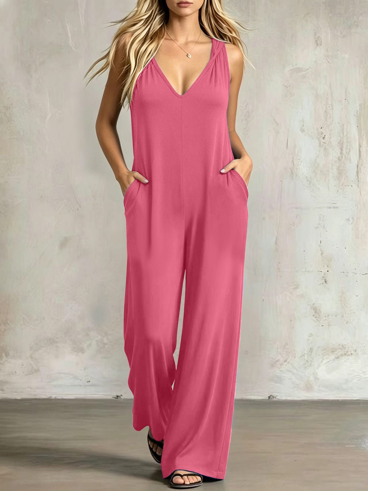 Simple V-neck Pocket Solid-color Hooded Jumpsuit – Premium 0 | RICALOUX
