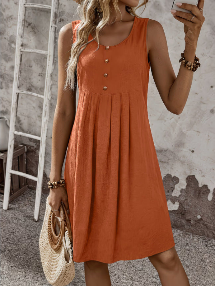 European And American-style Solid-color Round-neck Buttoned Sleeveless Loose-fitting A-line Dress by Ricaloux