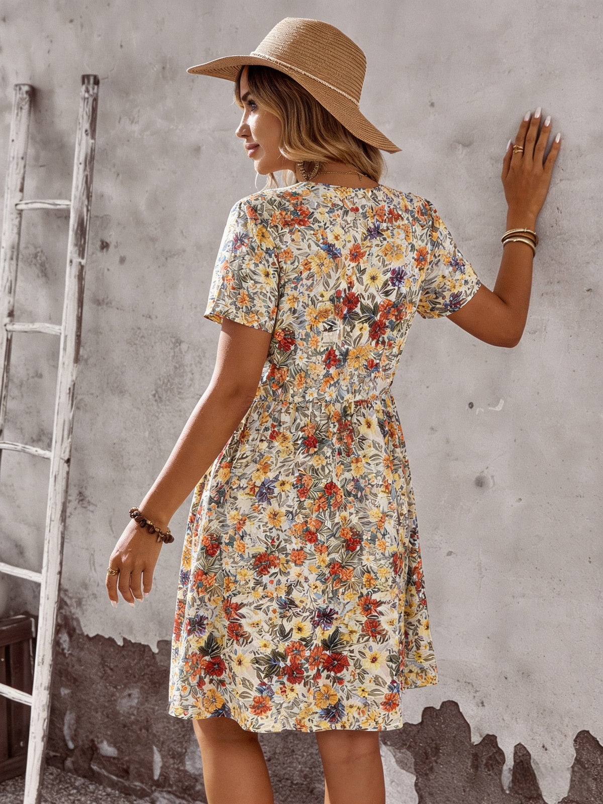 Women's V-Neck Short Sleeve Floral Print Ruffled Hem Mini Dress - Casual Boho Flared Swing Dress, Summer Dress For Women by Ricaloux