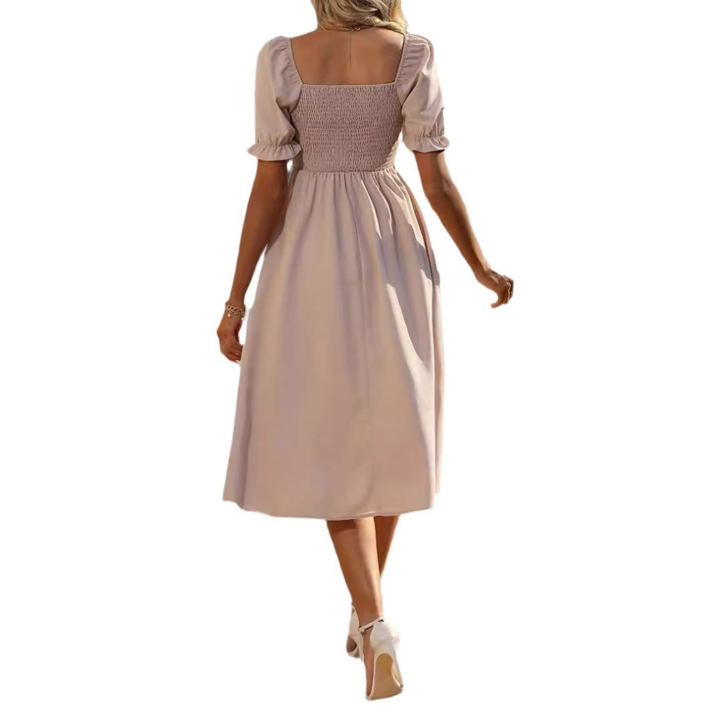 Womens Square-neck Pleated Short-sleeve Dress With Buttons by Ricaloux