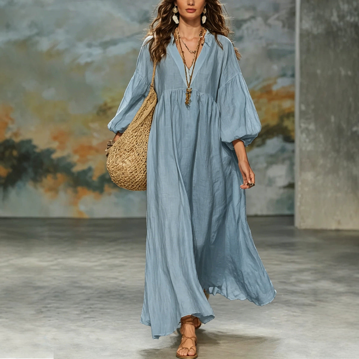 Deep-V Lantern-sleeve Loose-fit Flared Dress – Premium 0 | RICALOUX