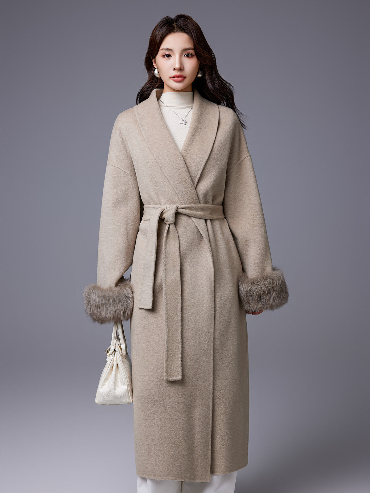 Thickened Coat With Fox-fur Sleeves Womens Belted Wool Blend by Ricaloux