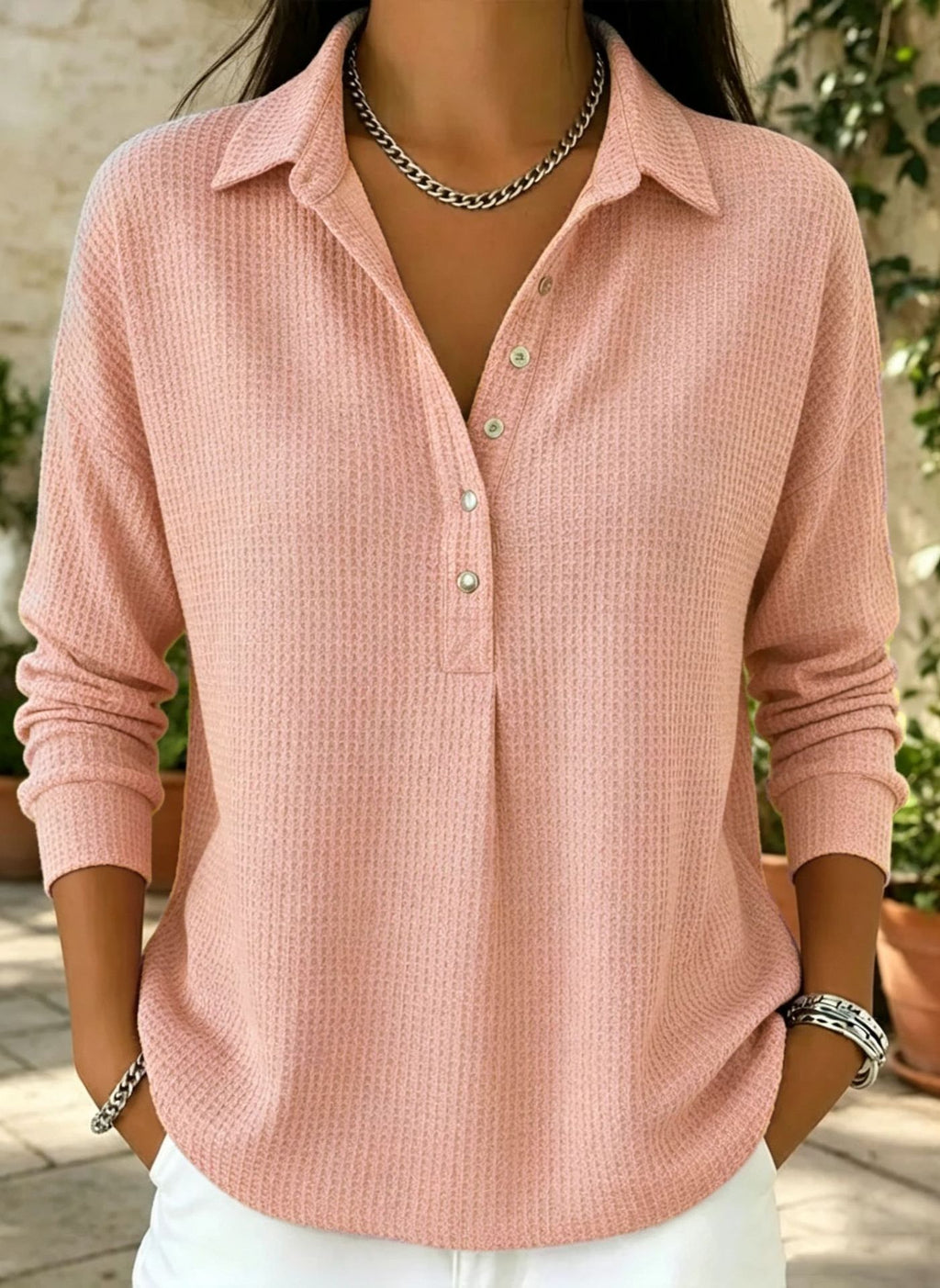 Waffle-weave Relaxed-fit Lapel Long-sleeve Solid-color Button-up Shirt by Ricaloux