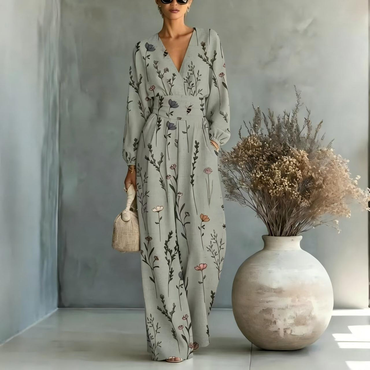 V-neck Long-sleeve Womens Printed Jumpsuit by Ricaloux
