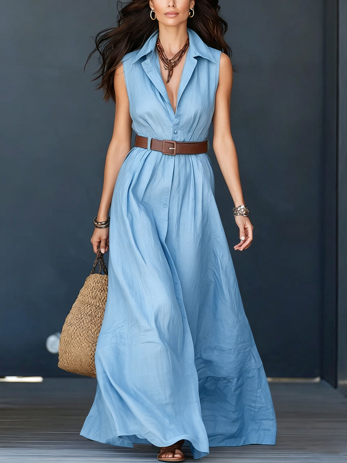 Sleeveless Lapel-neck Waist-cinching Shirt Dress – Premium 0 | RICALOUX
