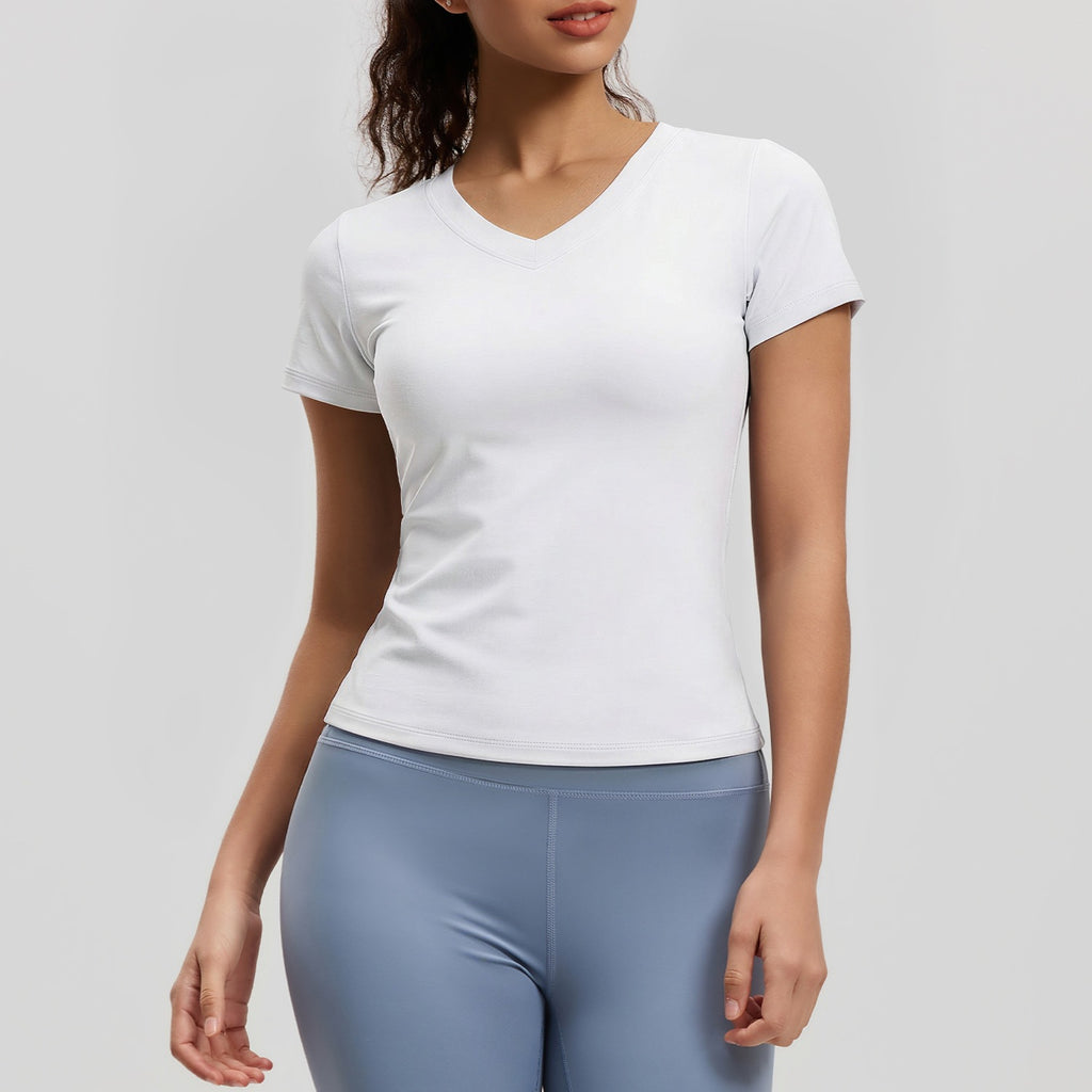 Peach Basic V-neck Short Sleeve Sports Top, Breathable Slim-fit Yoga Shirt For Fitness And Running – Premium 4 | RICALOUX